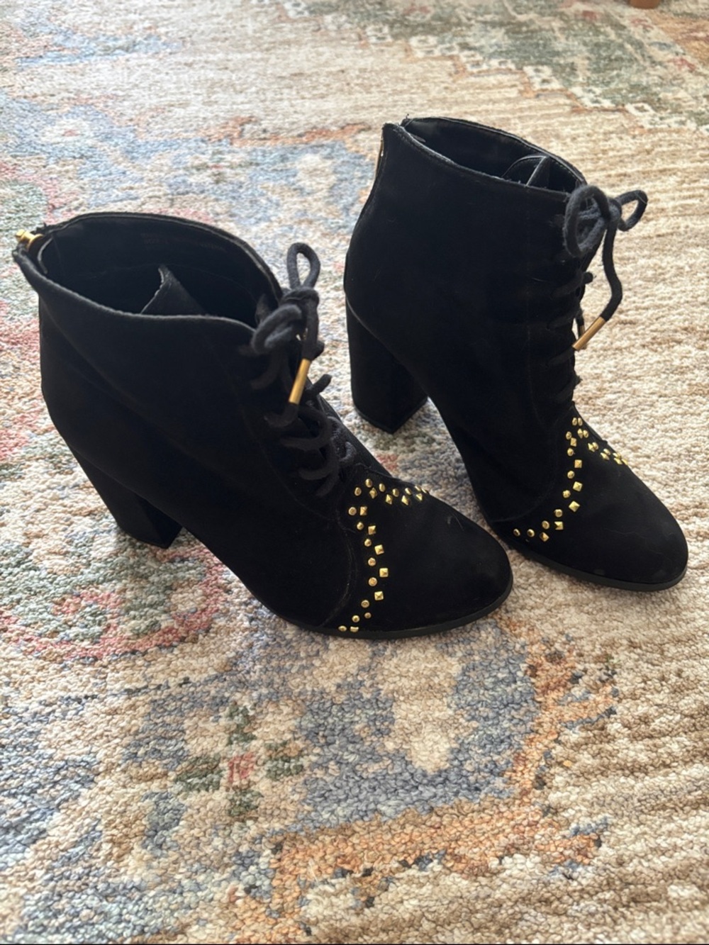 Black Faux Suede Lace-Up Ankle Boots with Gold Studs